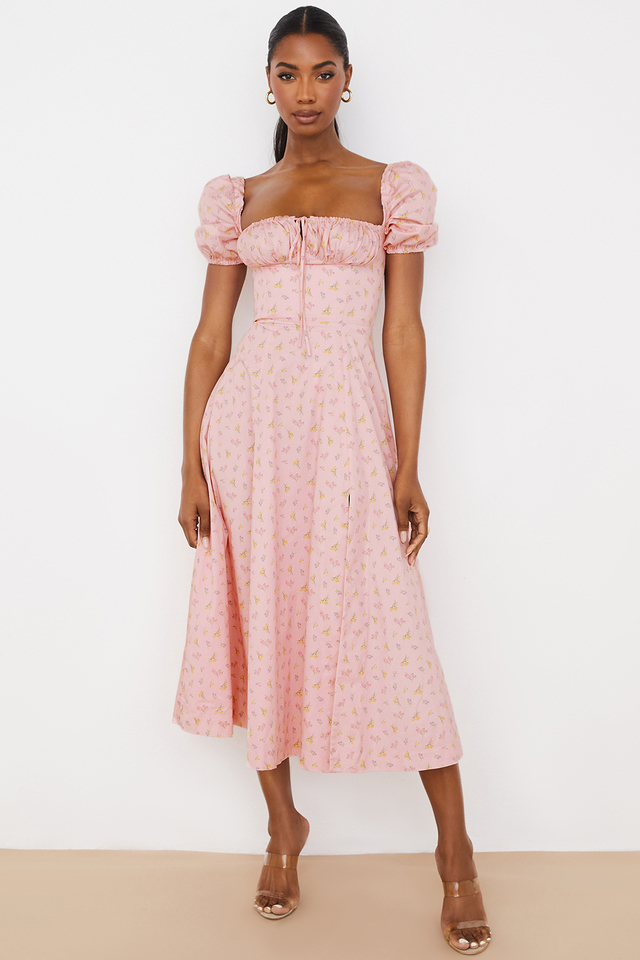 'Tallulah' Pink Floral Puff Sleeve Midi Dress